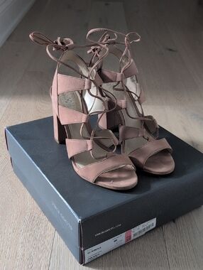 8 Vince Camuto Suede Lace-Up Block Heel Sandals in Nude